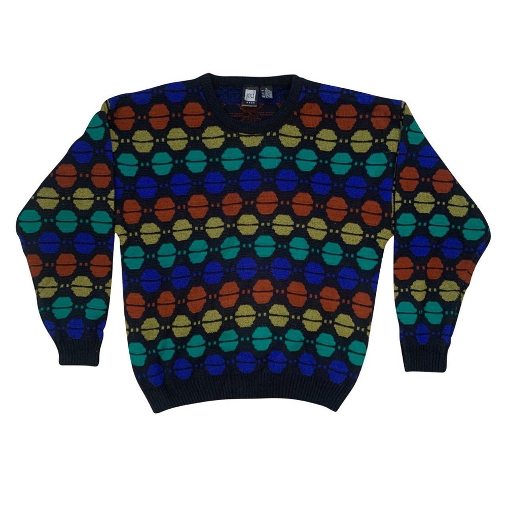 Vintage 80s/90s style men's chic cable knit, color block sweater by Jed Wear.